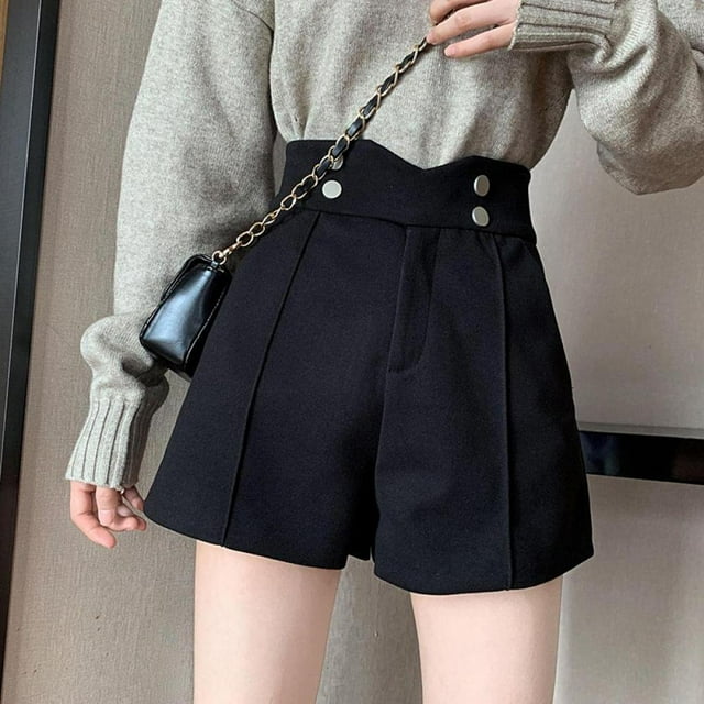 Wuffmeow Short Décontracté à Jambe Grand pour Femmes en Laine à Double Poche Taille Haute
