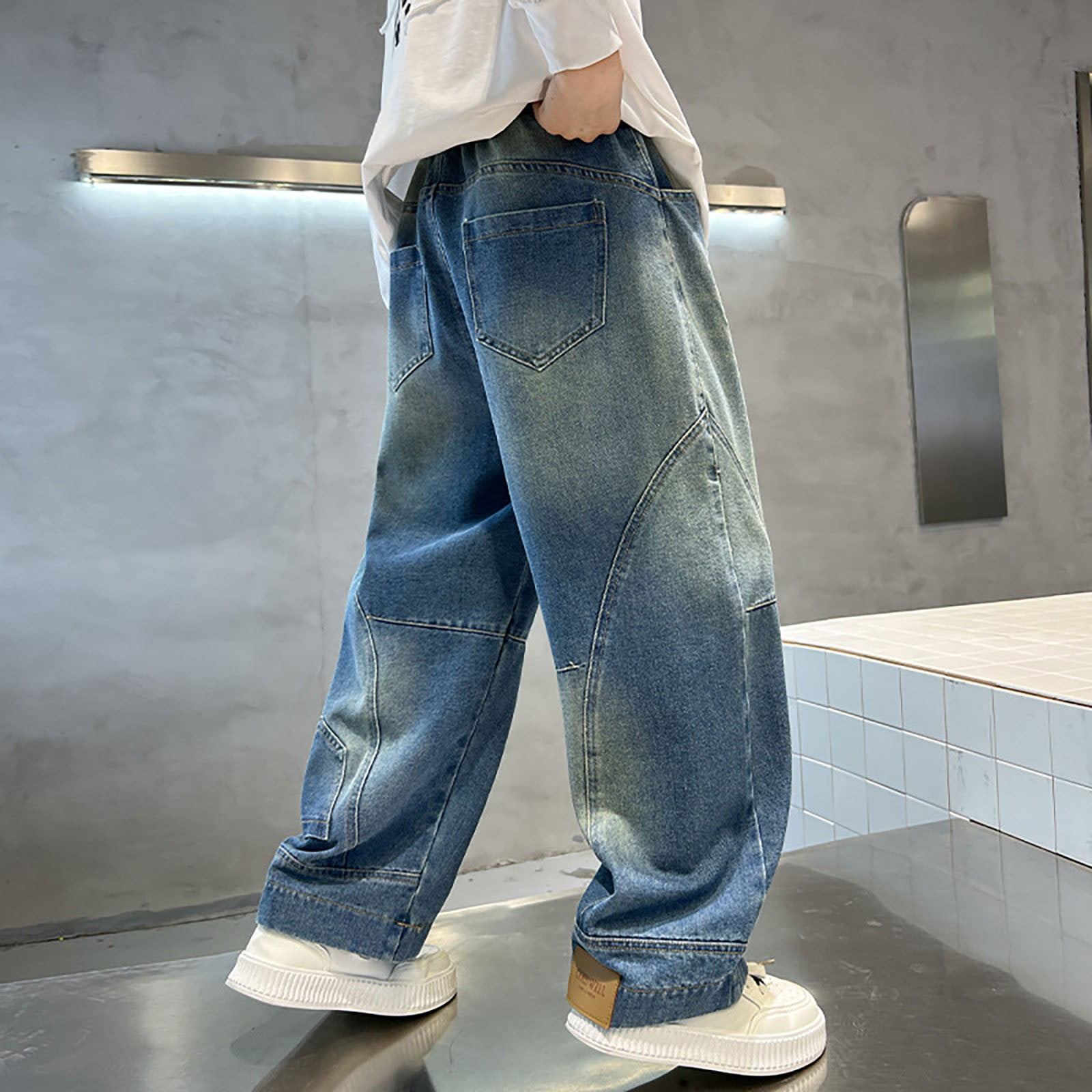Wdgfv Boys Bootcut Jeans Boys Casual Cargo Trousers Elastic Waist Pants for Kids Comfortable Regular Fit Age 4-12 Outdoor Daily Wear Light Blue 6-7 Years