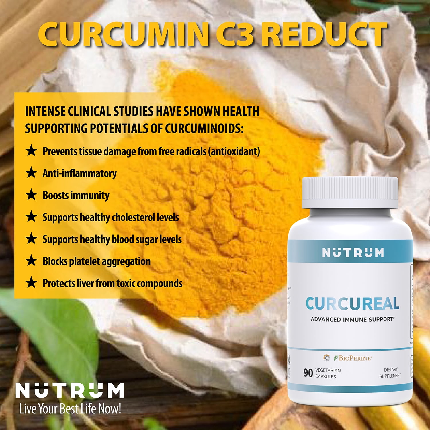 Nutrum Curcureal Immune Support Supplement – Advanced Cellular Defense & Recovery – Curcumin C3 Reduct, Reishi, Quercetin, Fucoidan – 90 Vegan Capsules – Patented Formula