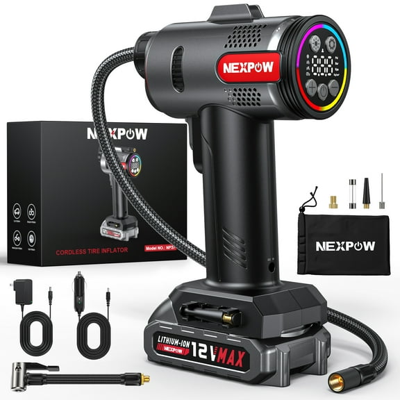Inflador de Neumáticos NEXPOW, Compresor de Aire Portátil de 160 PSI, Bomba de Aire 5 Veces Más Rápido con Doble Alimentación para Coche, Moto y Balones, Batería de 8000 mAh