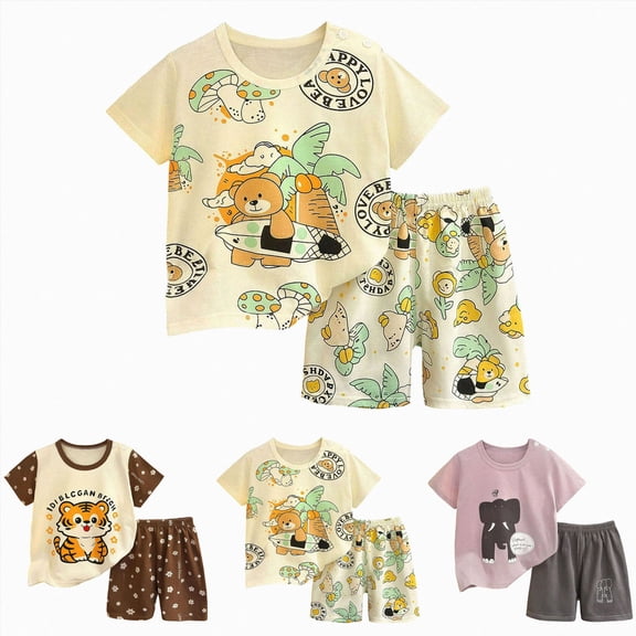 YDFCWXW Clothes Set for Kids Summer Short Sleeve Outfit for Little & Big Boys Size 6 M-8 T (Beige, 5-6 Years)