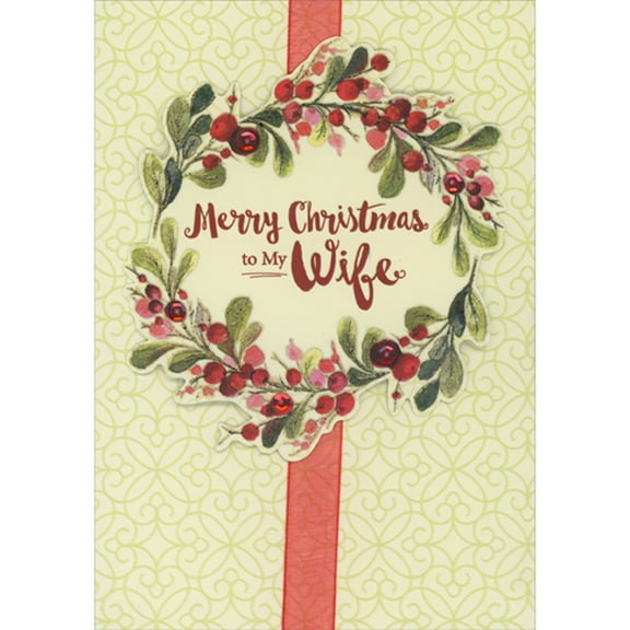 Designer Greetings Die Cut 3D Holly Wreath, Berries, Sequins, Red Ribbon Over Swirling Green Patterns Hand Decorated Christmas Card for Wife