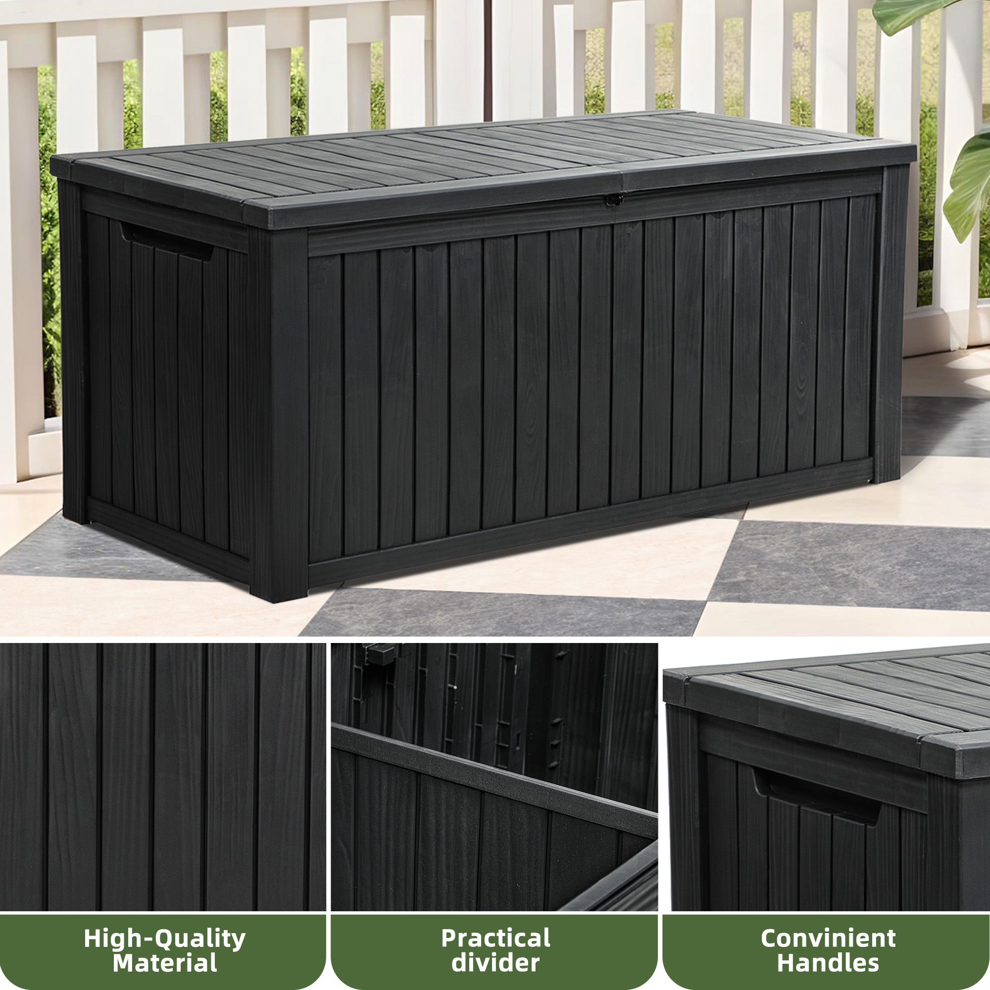 Uforic 180 Gallon Large Resin Deck Box,Outdoor Garden Waterproof Storage Box with Divider, Waterproof and Lockable,Black