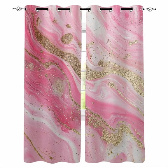 Pink Marble Blackout Curtains for Bedroom/Living Room, Thermal Insulated Kitchen Curtains, Golden Abstract Modern Ink Painting Grommet Darkening Window Treatment Drapes 27.5"x39"x2