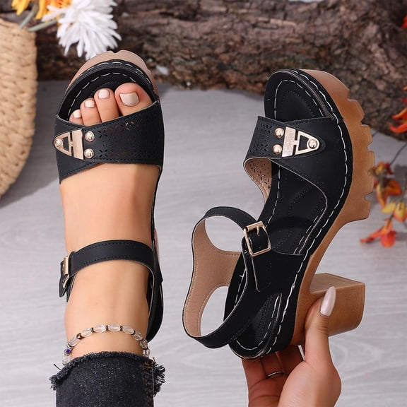 Viluyesy Womens Block Heeled Sandals, Adjustable Strap Open Toe Slingback Fashion Dressy Platform Shoes Black US5.5