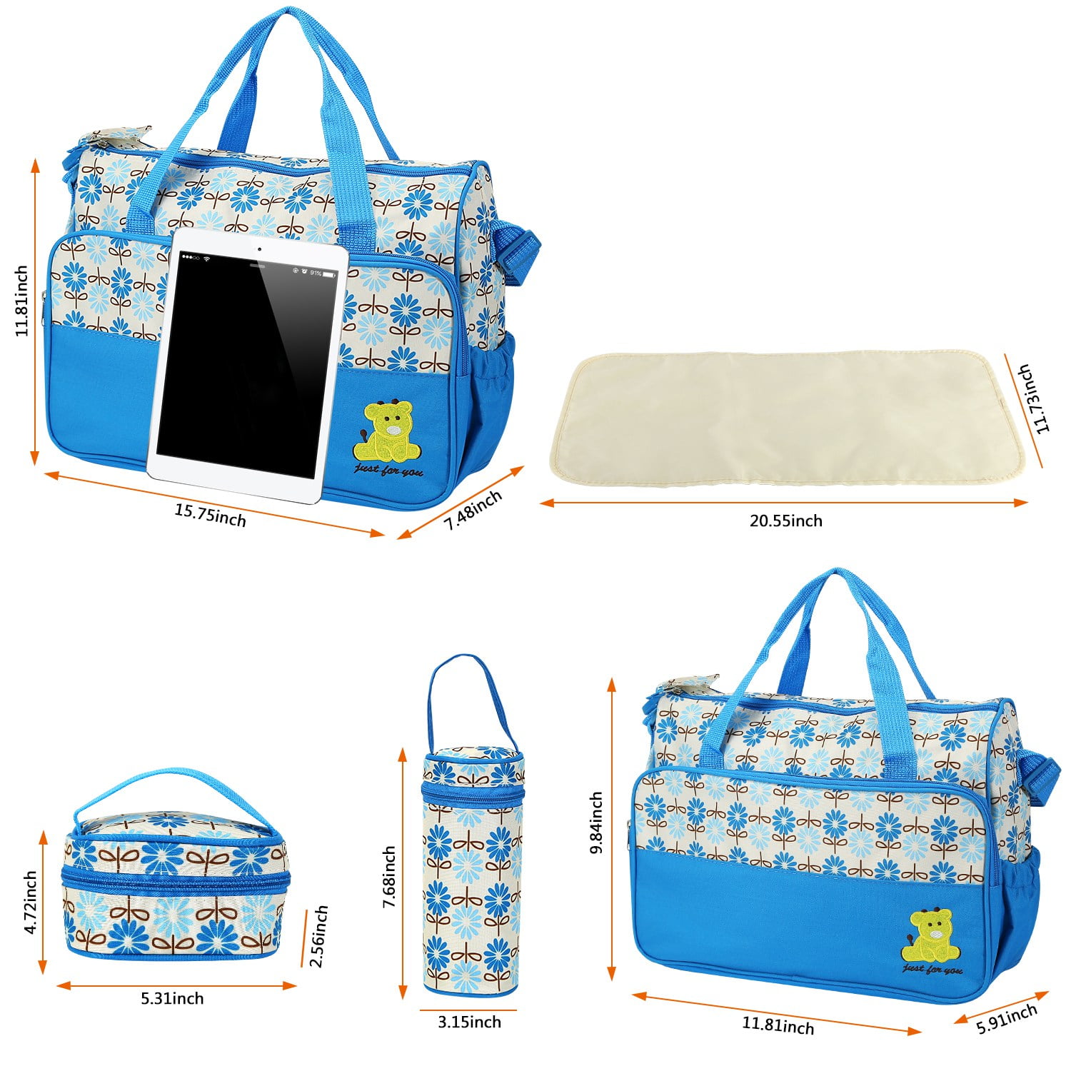 Moclever 5-Pack Mummy Diaper Tote Bag, Water-Resistant, Stain-Resistant, Insulated, Blue, 5 Count
