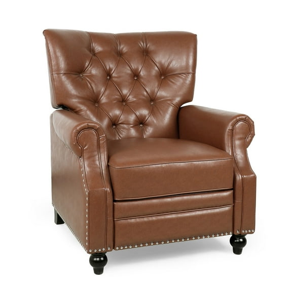 Benjara Recliner Chair, Turned Legs, Light Brown Button Tufted Faux Leather
