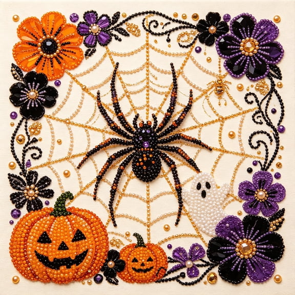 Halloween Ghost Pearl Art DIY Kit - 3D Pearl Mosaic Craft Set, Cute Ghost Pumpkin Canvas Art, Create a Sparkling Spooky-Cute Masterpiece for Your Home (#017)