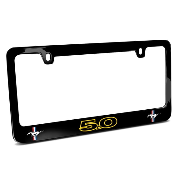 Ford Mustang GT 5.0 Outline in Yellow Dual Logos Black Metal License Plate Frame