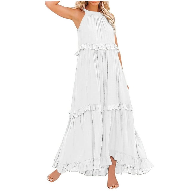 Zmoon Women's Bohemian Long Solid Color Sleeveless Halter Neck Ruffle Beach Style Dress