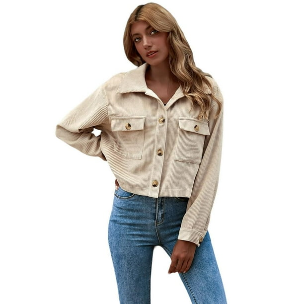 Stibadium Women S Fashion Cropped Button Down Corduroy Shirt Pure Color Jackets Clothing Streetwear Walmart Com Walmart Com