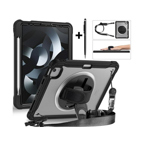 Case For iPad Air 5th/4th Generation 10.9 Inch 2022 2020/iPad Pro 11 2022/2021/2020/2018, Shcokproof Cover with Clear Transparent Back, Pencil Holder, Rotating Stand, Hand/Shoulder Strap, Stylus Pen