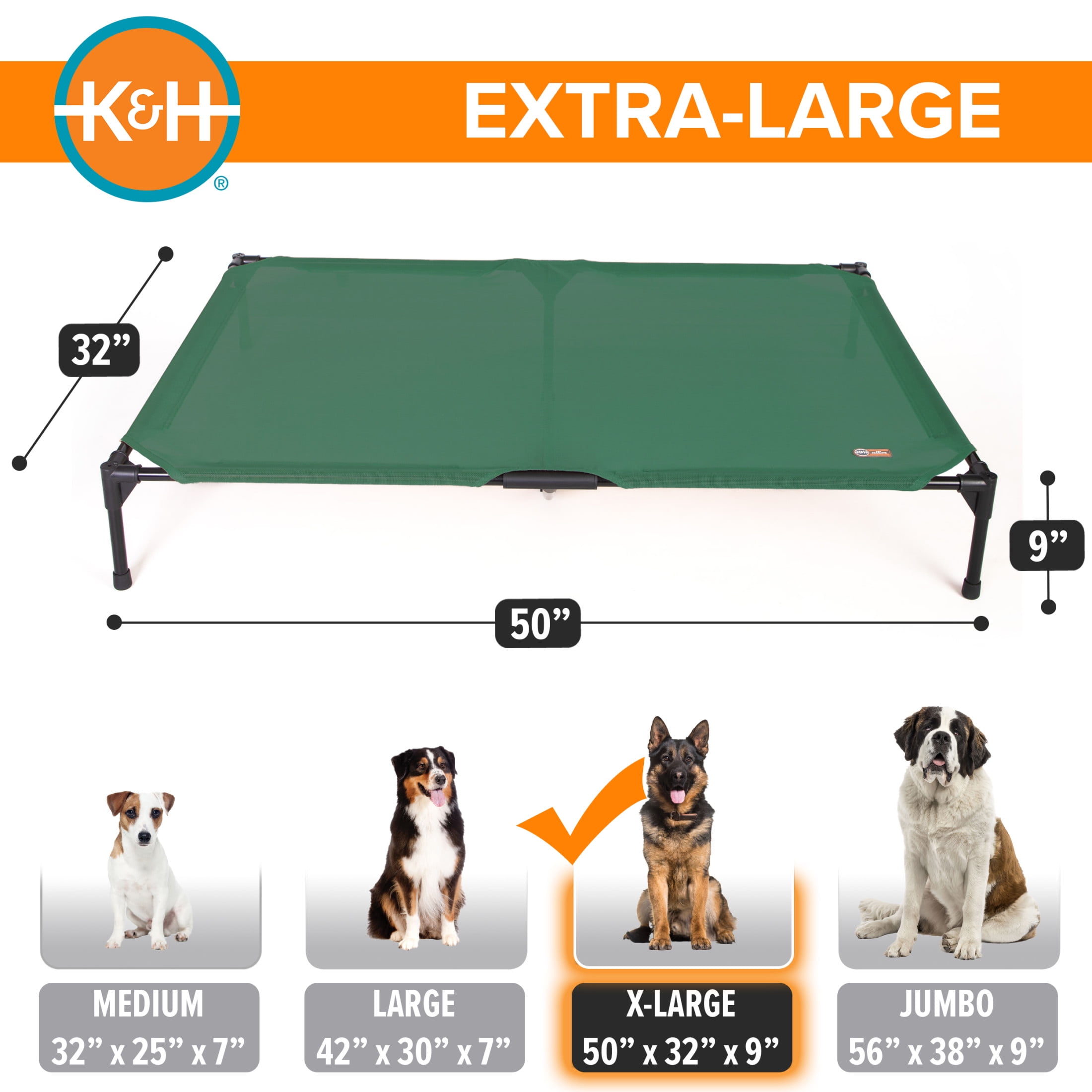 K&H Pet Products All Weather Pet Cot Green X-Large 50 X 32 X 9 Inches