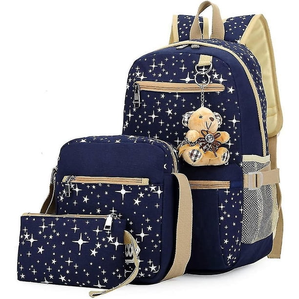Mochila escolar para niñas de 3 piezas para escuela primaria, mochila/bolso de hombro/bolso (azul) (hy)