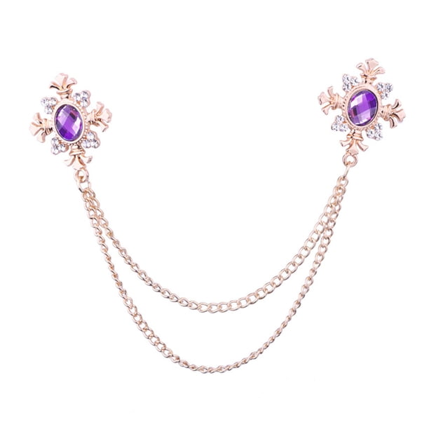 Broche de solapa para hombre con accesorios de cadena, cadenas colgantes, broche de cadena con borlas de diamantes de imitación para camisas de vestir Oro Púrpura Yinane Broche de hombre