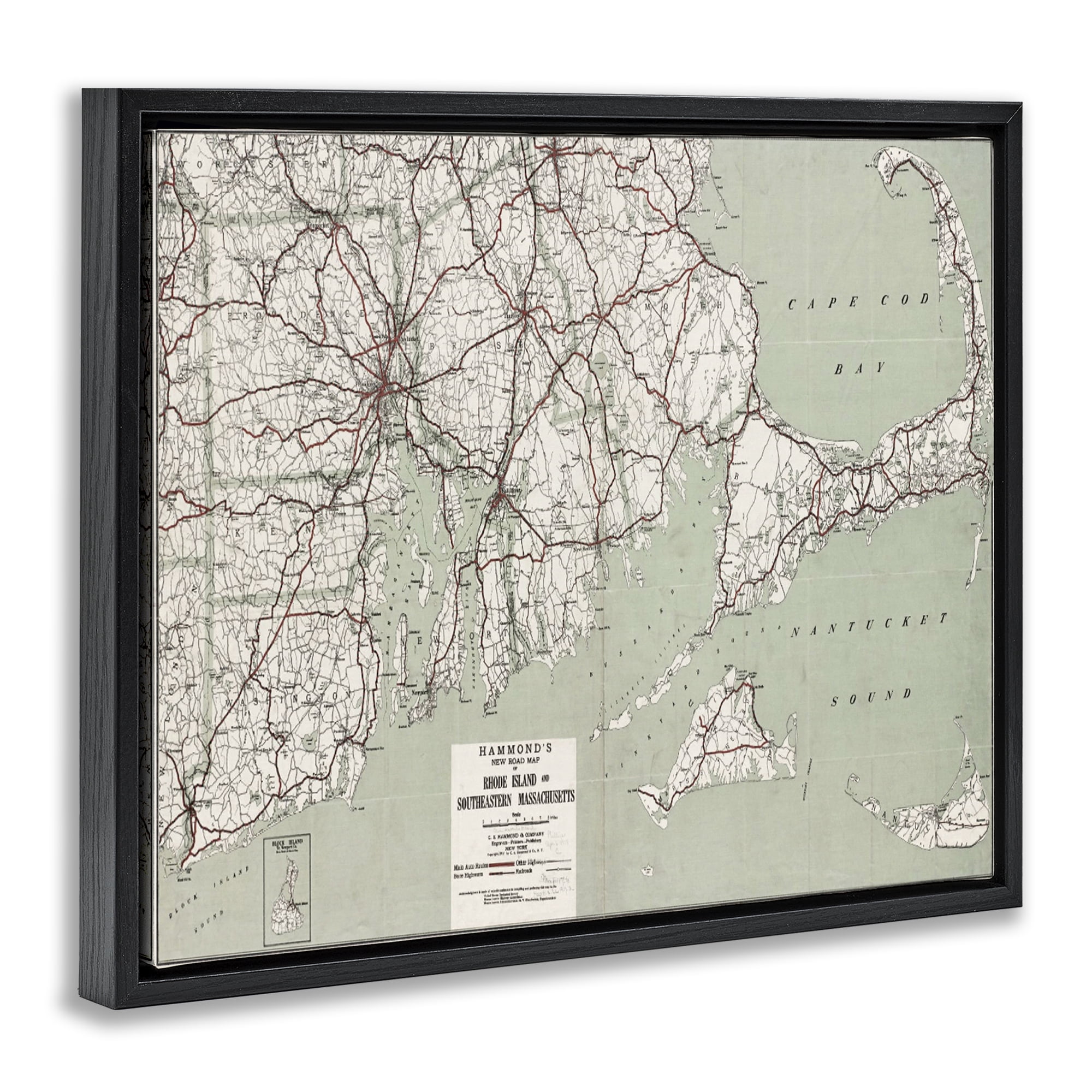 Stupell Industries Cape Cod & RI Map Cities & Countries Painting Black Floater Framed Canvas Art Print Wall Art, 31 x 25