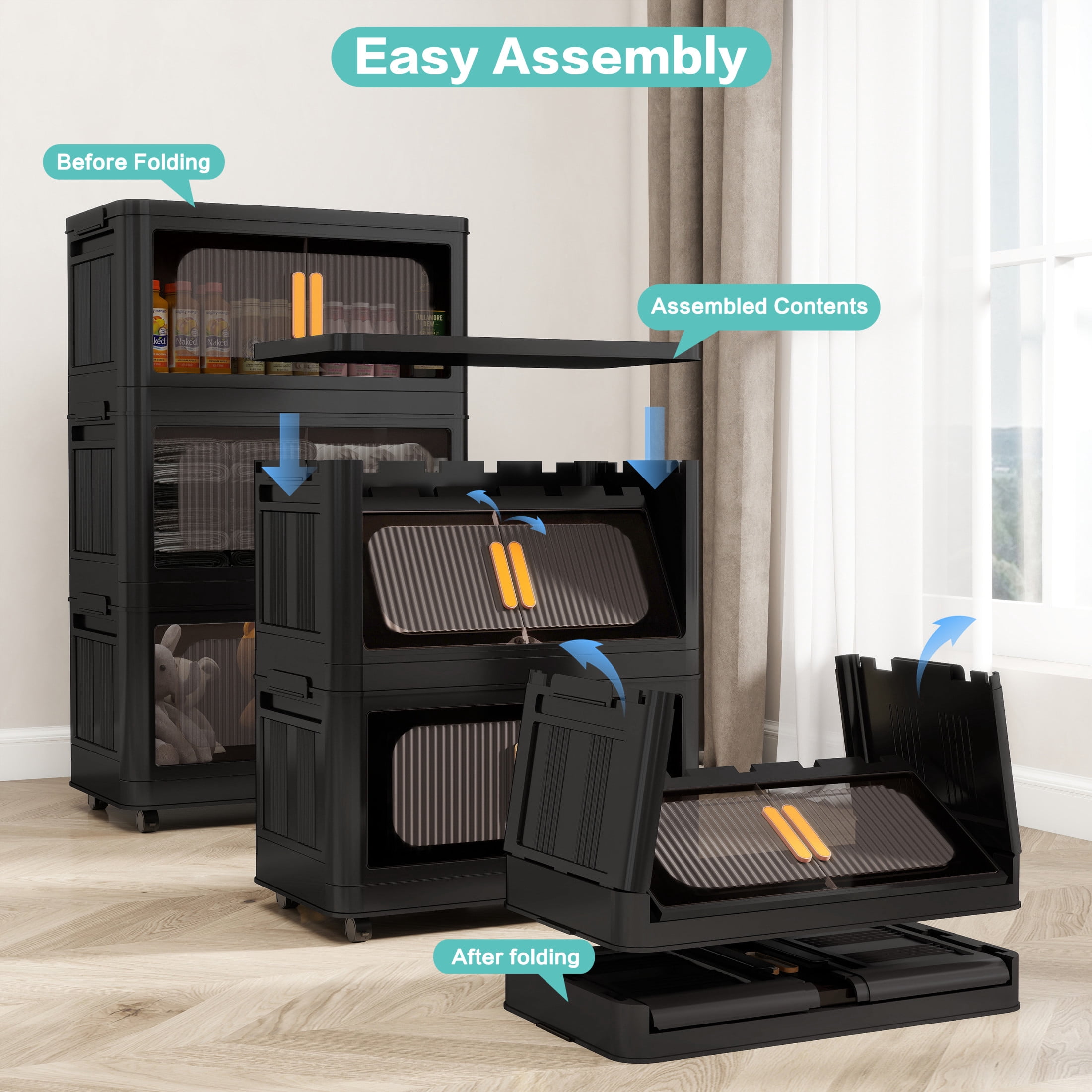 Noble House Arley 20" Folding Storage Cabinet, 4-Tier Plastic Organizer with Magnetic Doors and Wheels, Black