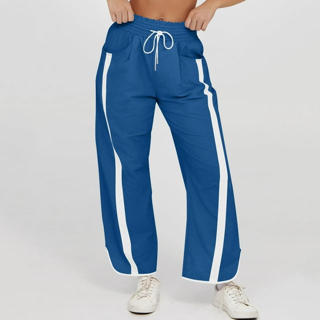 Women's Baggy Wide Leg Pants, Loose Casual Drawstring Outdoor Sports Pants Elastic Waisted Color Block Workout Track Trousers Blue L