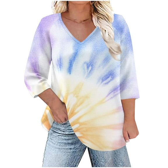 Plus Size Floral Print Tops for Women Trendy Casual V Neck Graphic Tee Tshirts Loose Fit 3/4 Sleeve Clothes (XL, Purple|Tie Dye)