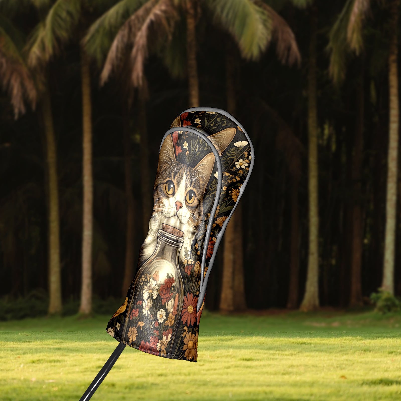 Golf Club Covers PU Leather Waterproof Head Covers for Fairway Woods Hybrids Cats And Flowers Unisex Fits Most Brands