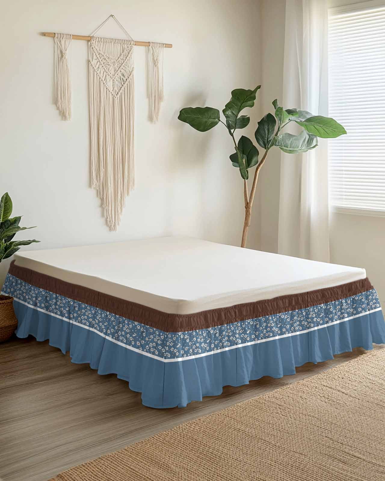 Blue Brown Flowers Wrap Around Bed Skirts for California King Bed 16" Drop,Bed Skirt with Adjustable Elastic Belt Dust Ruffle Bed Valance for Bedroom Classic Botanical Art Elegant Bed Frame Cover