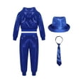 thumbnail image 2 of TiaoBug Kids Boy Girls Sparkly Hip Hop Jazz Street Dance Costume Long Sleeve Hooded Jacket Pants with Hat Necktie Set Blue 5-6, 2 of 5