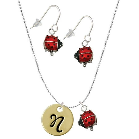 Delight Jewelry Goldtone Large Disc Letter – N – 3/4 Red Lucky Ladybug Necklace and Dangle Earrings Set