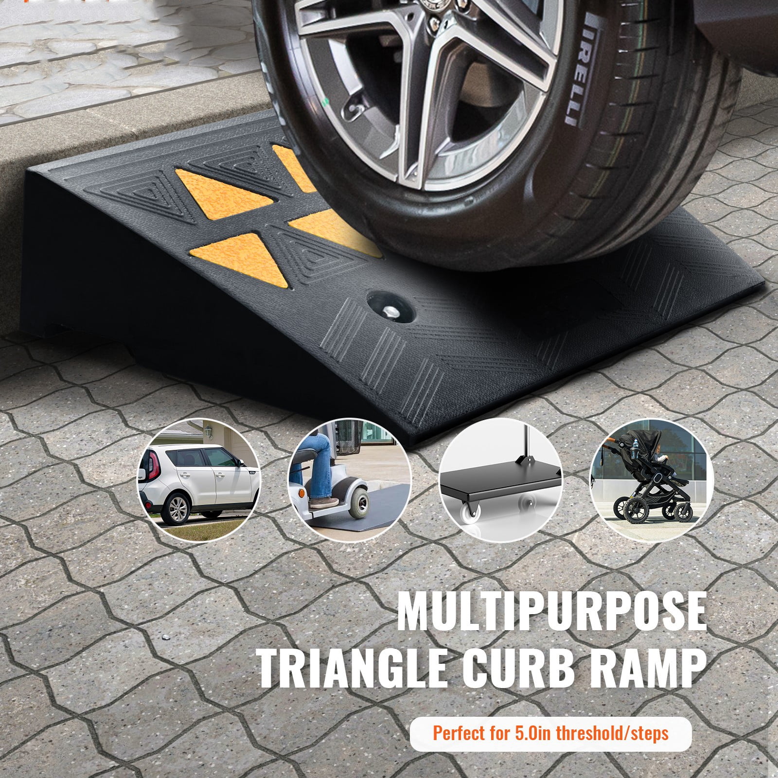 KFFKFF Sturdy Rubber Ramp Set of 2, Elevates 5" with Robust 33069 lbs/15 T Load Capacity, Threshold Ramps for Driveways, Designed with a Secure Grid Framework for Vehicles, Wheelchairs, Bicycles