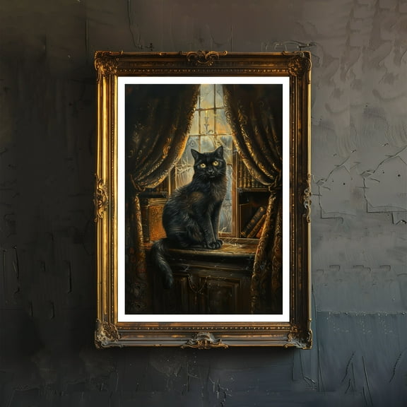Black Cat Illustration Print Dark Academia Art Gothic Decor Antique Cat Portrait Victorian Era Poster Rustic Vintage Wall Art Poster Unframed