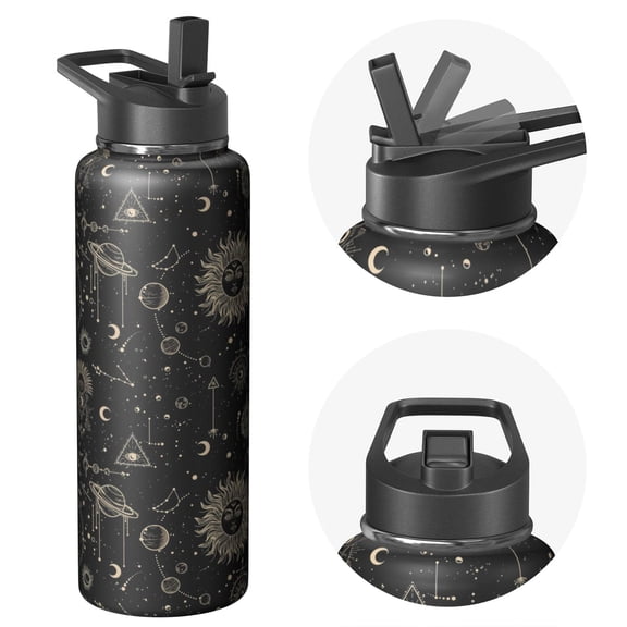 Stainless Steel 40oz Bohemian Boho Themed Water Bottle Triple Walled Insulated With Straw Leak Proof Lids for Travel Sports Gym Men Women
