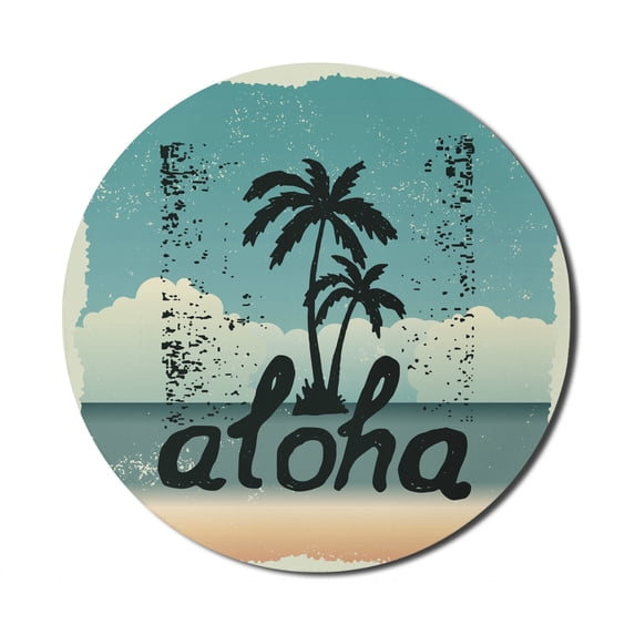 Aloha Mouse Pad for Computers, Typography with Palm Trees Grunge Look, Round Non-Slip Thick Rubber Modern Gaming Mousepad, 8" Round, Seafoam Dark Green, by Ambesonne