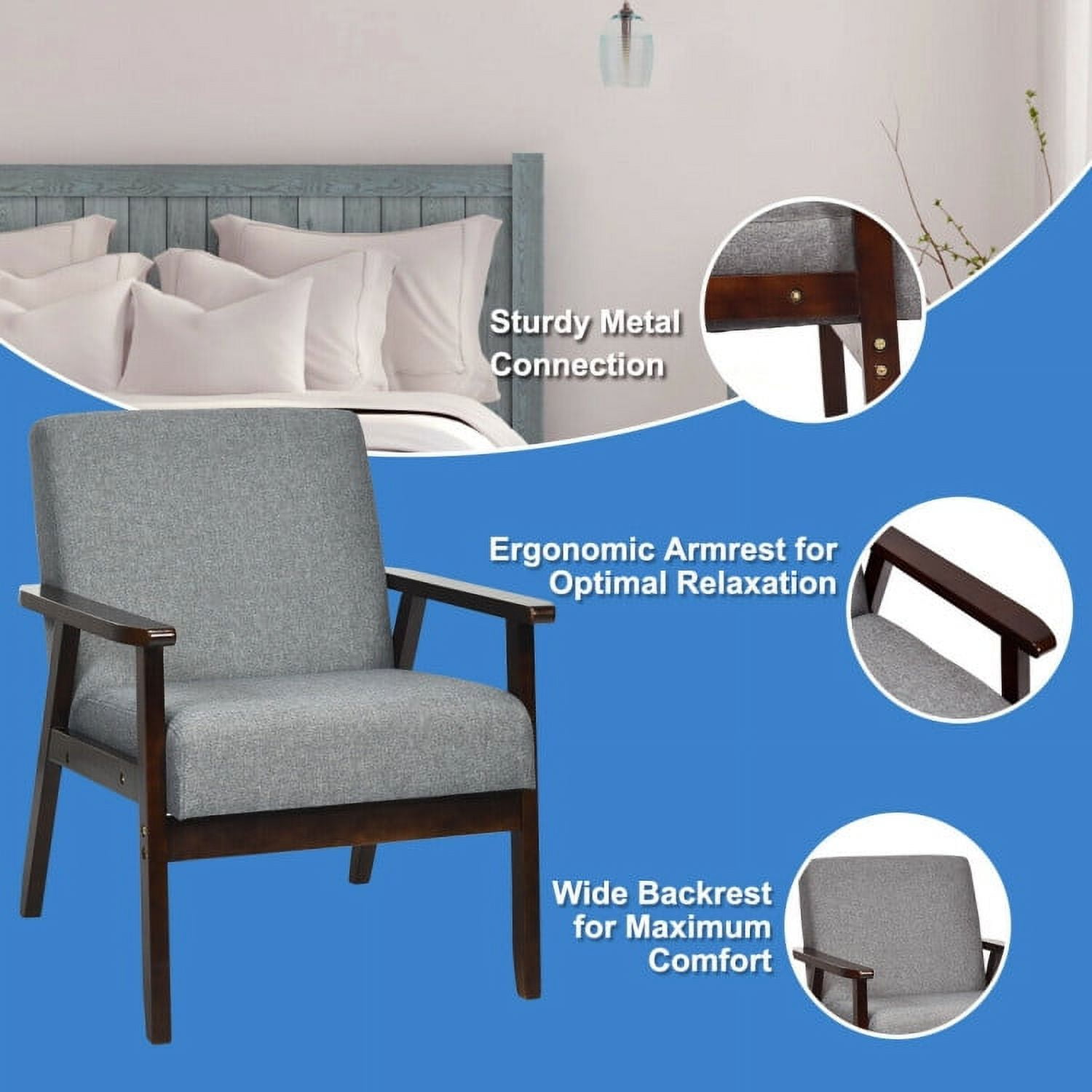 Finihen Mid-Century Modern Accent Chair, Retro Fabric Armchair, Solid Rubber Wood Fabric Accent Armchair, for Living Room, Gray Finihen Mid-Century Modern Accent Chair, Retro Fabric Armchair, Solid Rubber Wood Fabric Accent Armchair, for Living Room, Gray