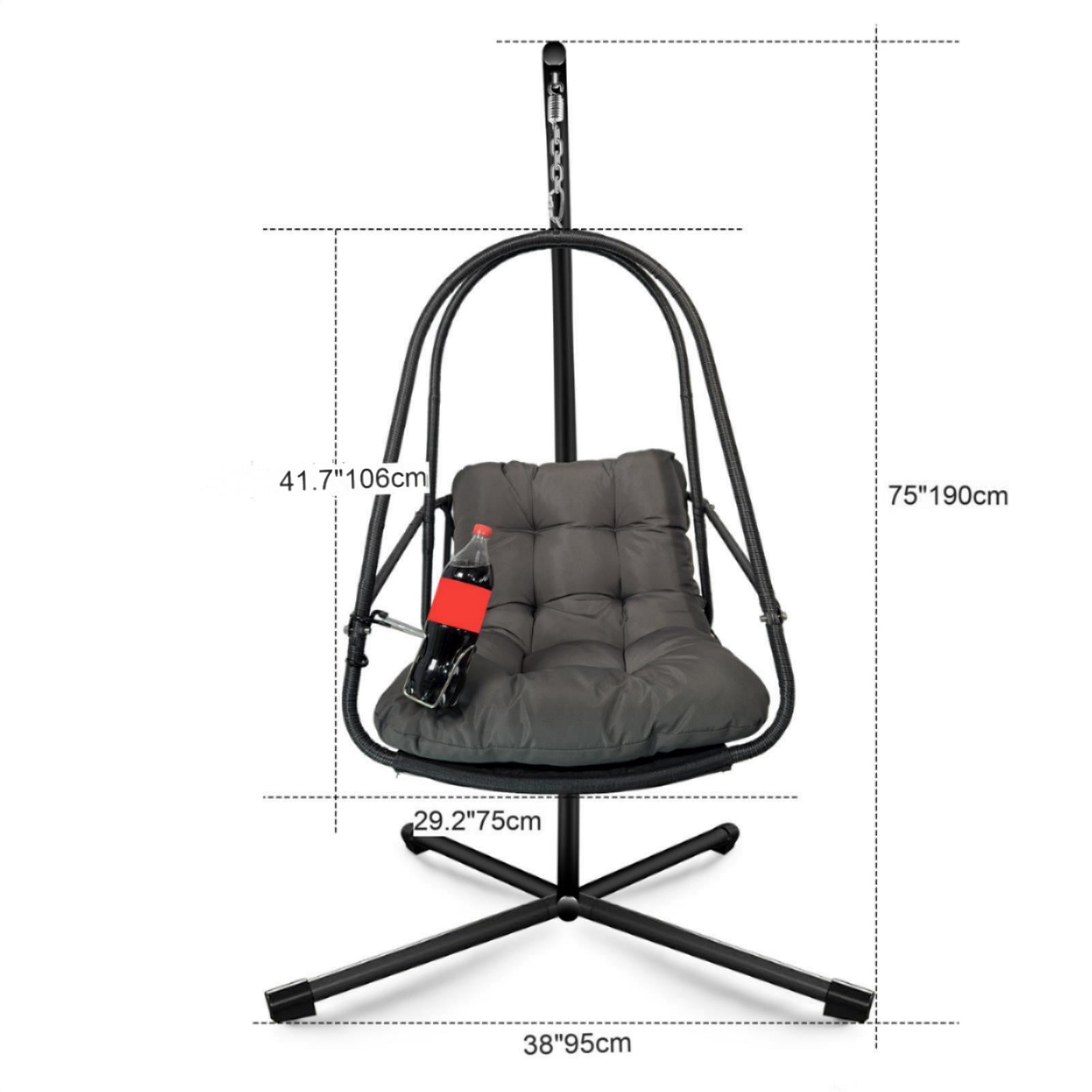 Miniyam Outdoor Hanging Egg Chair with Stand, Foldable Swing Chair with Cup Holder, Rattan Wicker Patio Chair with Cushions for Adults and Kids, Black