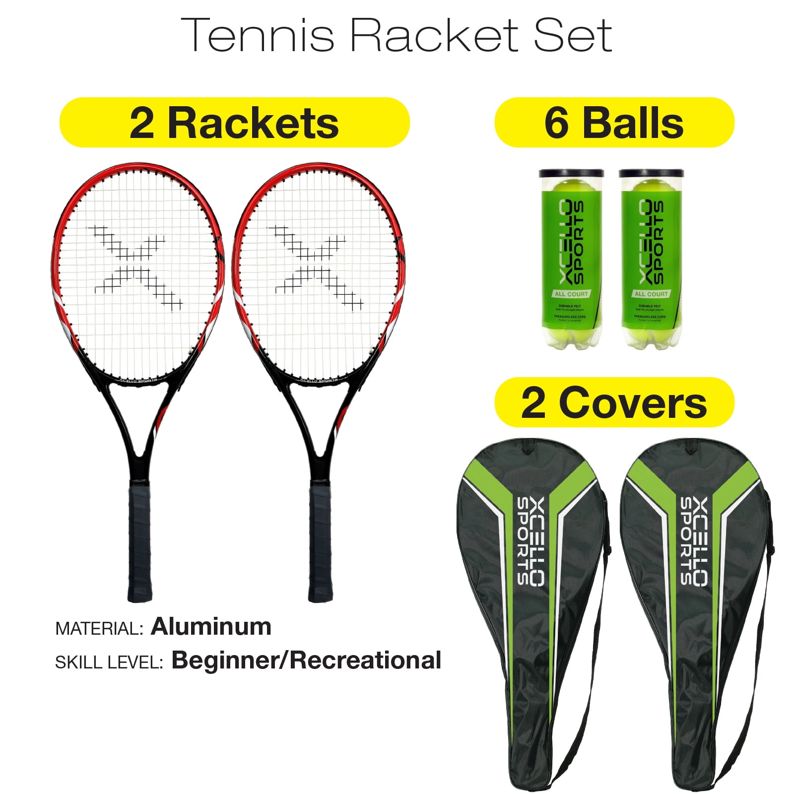 Xcello Sports 2-Player Aluminum Youth Tennis Racket Set, Includes Two 27" Tennis Rackets, 6 All Court Balls and 2 Carry Cases, Tennis Racket Adult, ‎Red/Black