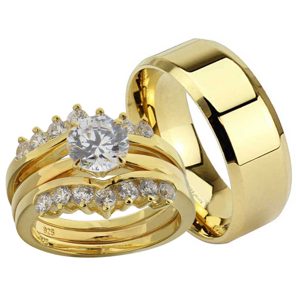 Yellow Gold Plated Stainless Steel Round CZ All Around Fashion Jewelry Ring Band 