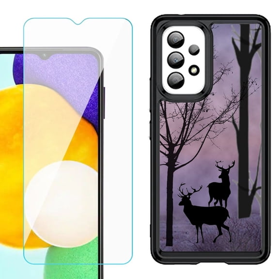 Shockproof Bumper (Black Frame) phone Case for Samsung Galaxy A23 5G, with Tempered Glass Screen Protector, by OneToughShield ® - Forest/Deer/Twilight