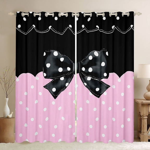 Homewish Kids Children Teens Cartoon Ribbon Bow Black Out Curtains,Dreamy Princess Curtains Pack of 2 (42x63 Each),Polka Dots Bedroom Curtains,Lightweight Room Decor