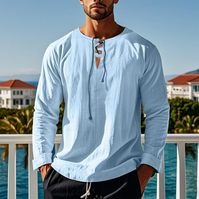 Blusas y camisas de manga larga con cuello en V para hombre, blusa informal de moda lisa con tirantes sueltos, blusa de manga larga con cuello en V, blusa de poliéster para hombre