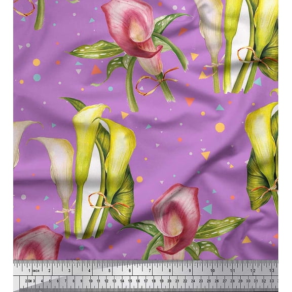 Soimoi Purple Rayon Fabric Triangle,Leaves & Lily Flower Print Sewing Fabric BTY 42 Inch Wide