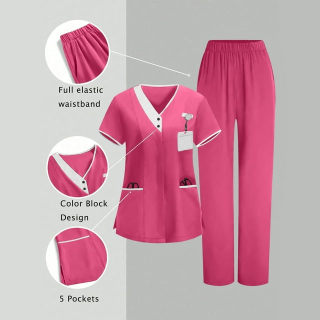 Yourumao Ensembles de Blouses Médicales pour Femmes 2 Pcs Col en V Classique Manches Courtes Hauts et Pantalons Droits Uniforme Infirmier avec Poche