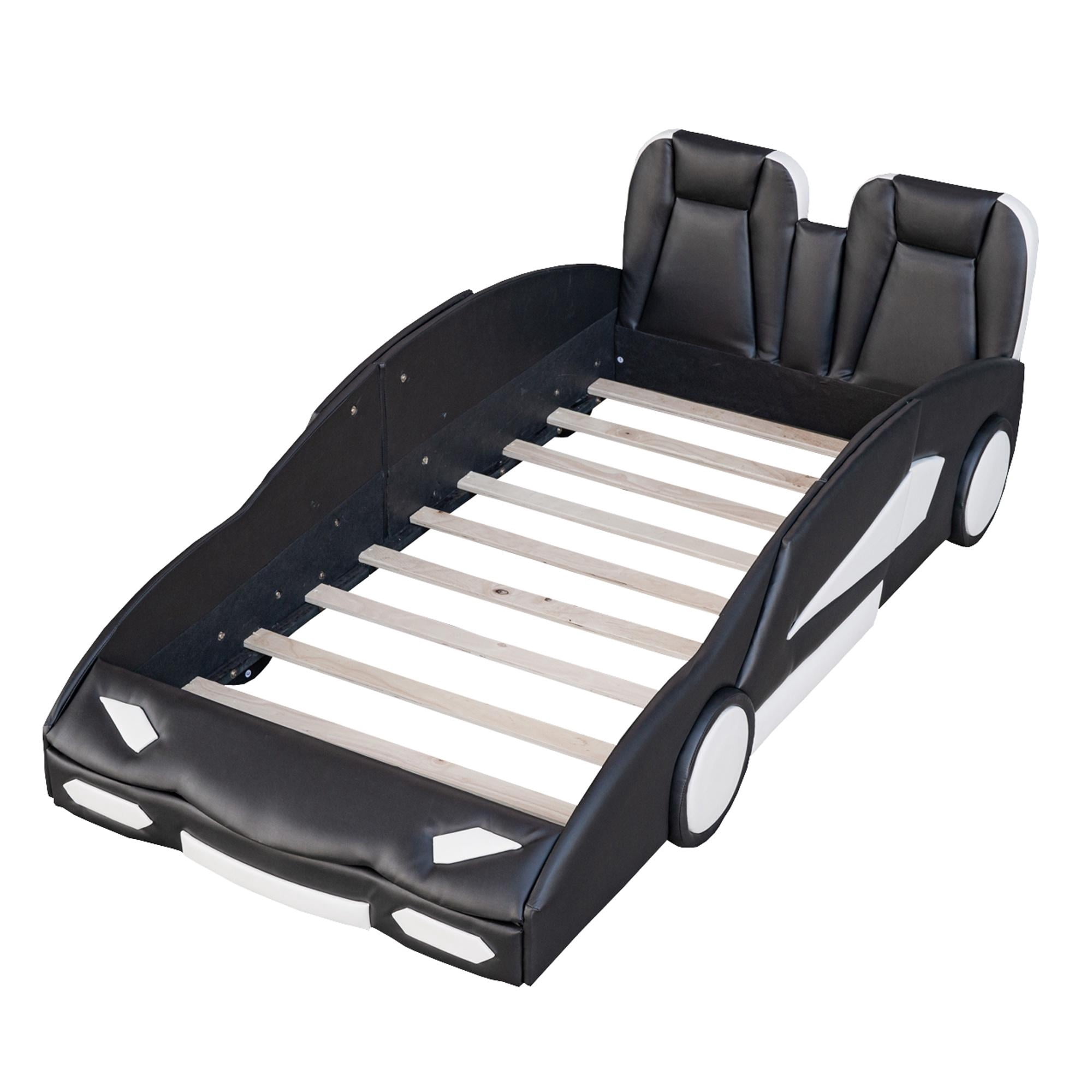 Bellemave Twin Size Race Car-Shaped Platform Bed with Wheels, Faux Leather Upholstered Boys Twin Race Car Bed, Twin Bed Frame with Slat Support（Black)
