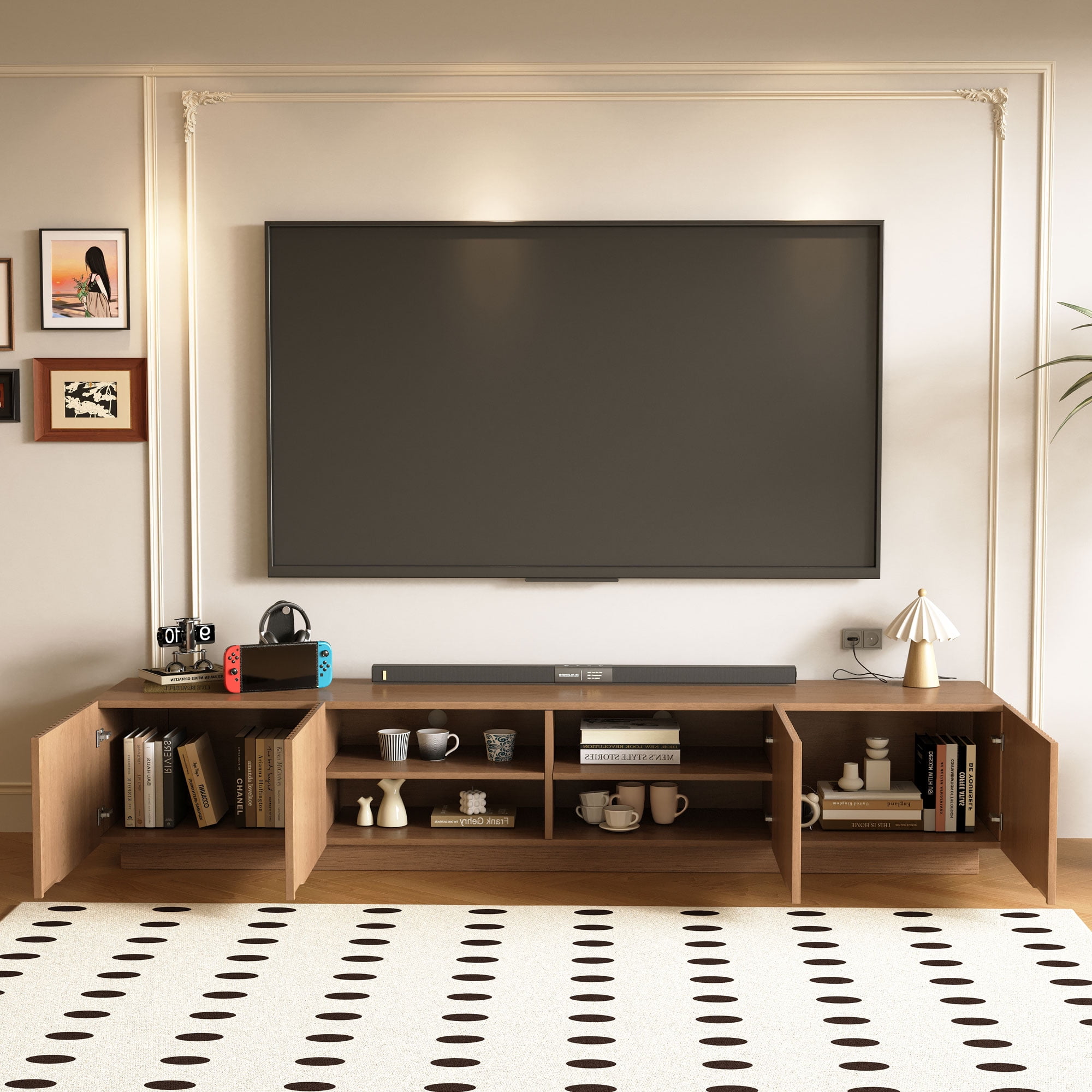 NessCarsti 86.61" Mid-Century Modern TV Stand for TVs up to 85", Sturdy Living Room Furniture Media Console with Large Storage Space, Entertainment Center for Living Room and Bedroom, Walnut