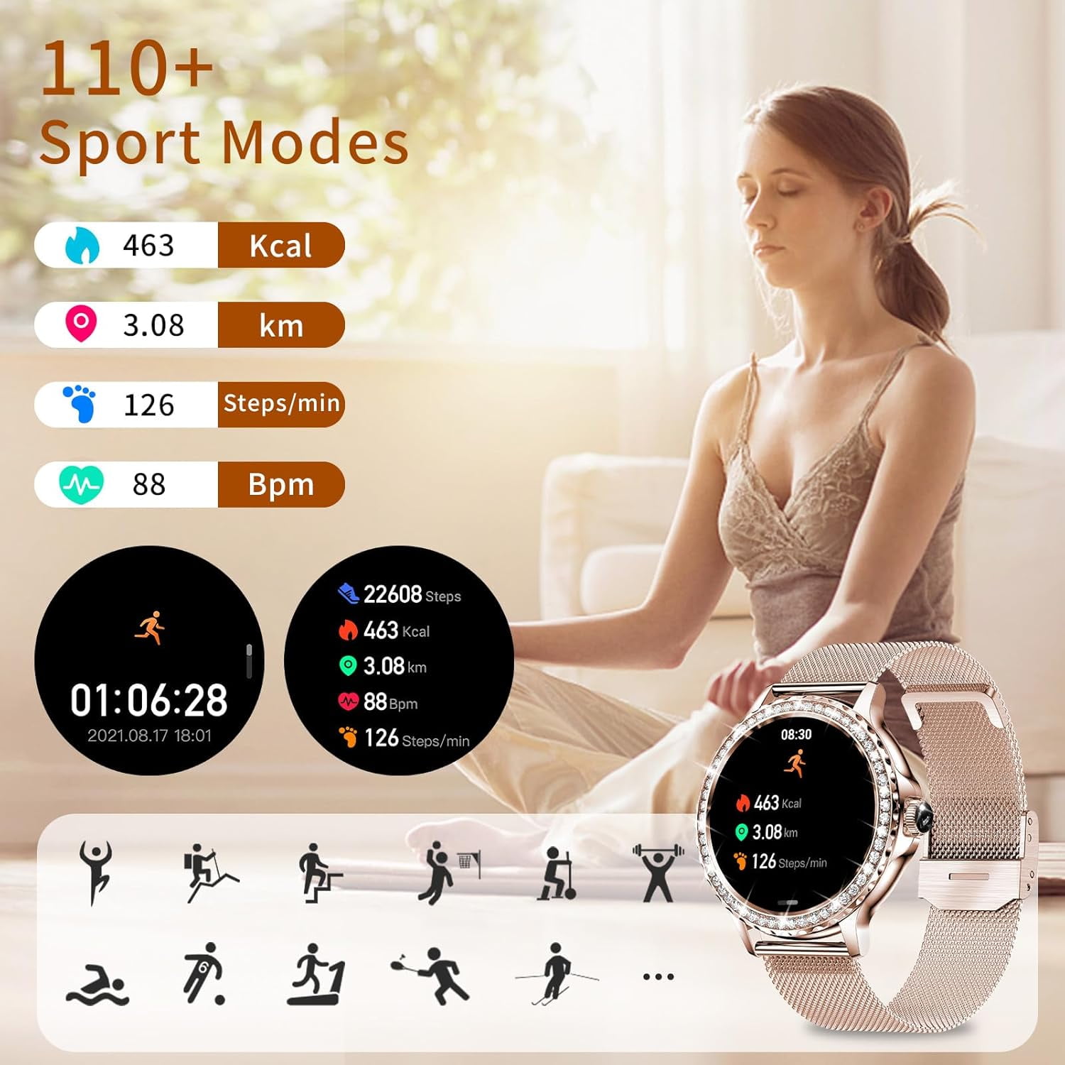 Smart Watches for Women (Answer/Make Call) with Diamonds, 1.3”HD Screen Bluetooth Smartwatch for Android iOS Phones, IP68 Waterproof Fitness Activity