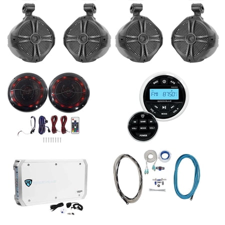 Rockville Marine Bluetooth Receiver+(4) 8 Wakeboards+(2) LED Speakers+6-Ch Amp