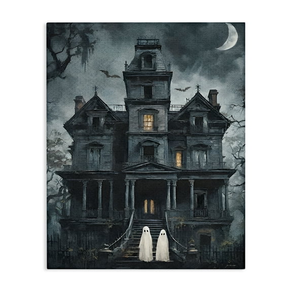 Stupell Industries Ghost Pair & Haunted Mansion Holiday Painting Wrapped Canvas Canvas Art Print Wall Art, 16 x 20