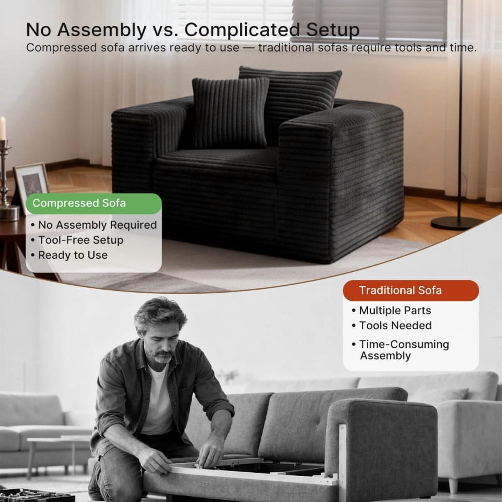 1Pcs Boneless Upholstered Sofa Chair, No Assembly Single Couch, Memory Foam Reading Armchair with Throw Pillow