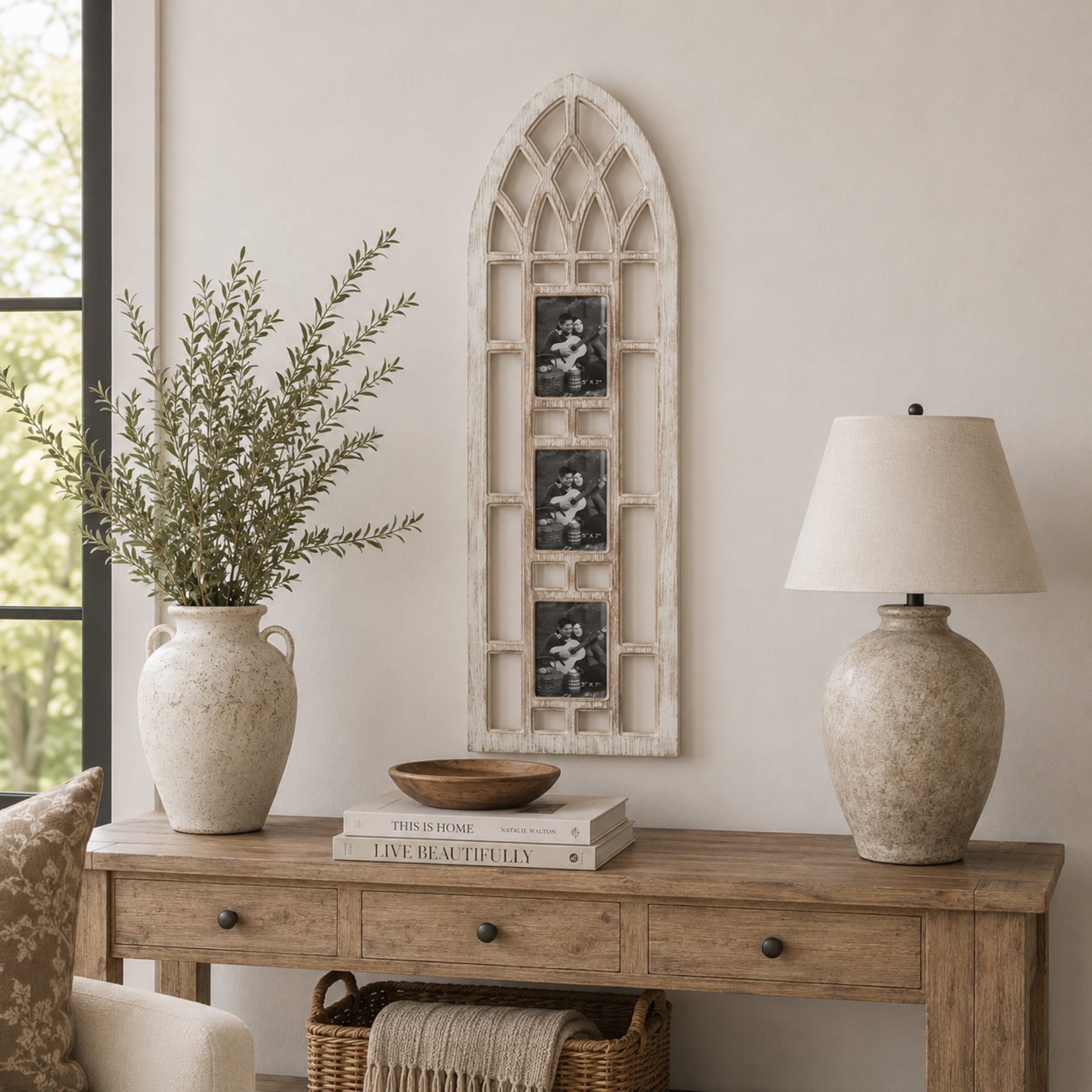 DecMode 3-Opening 5" x 7" Slim Arched Window Inspired Light Brown People Wall Photo Frame