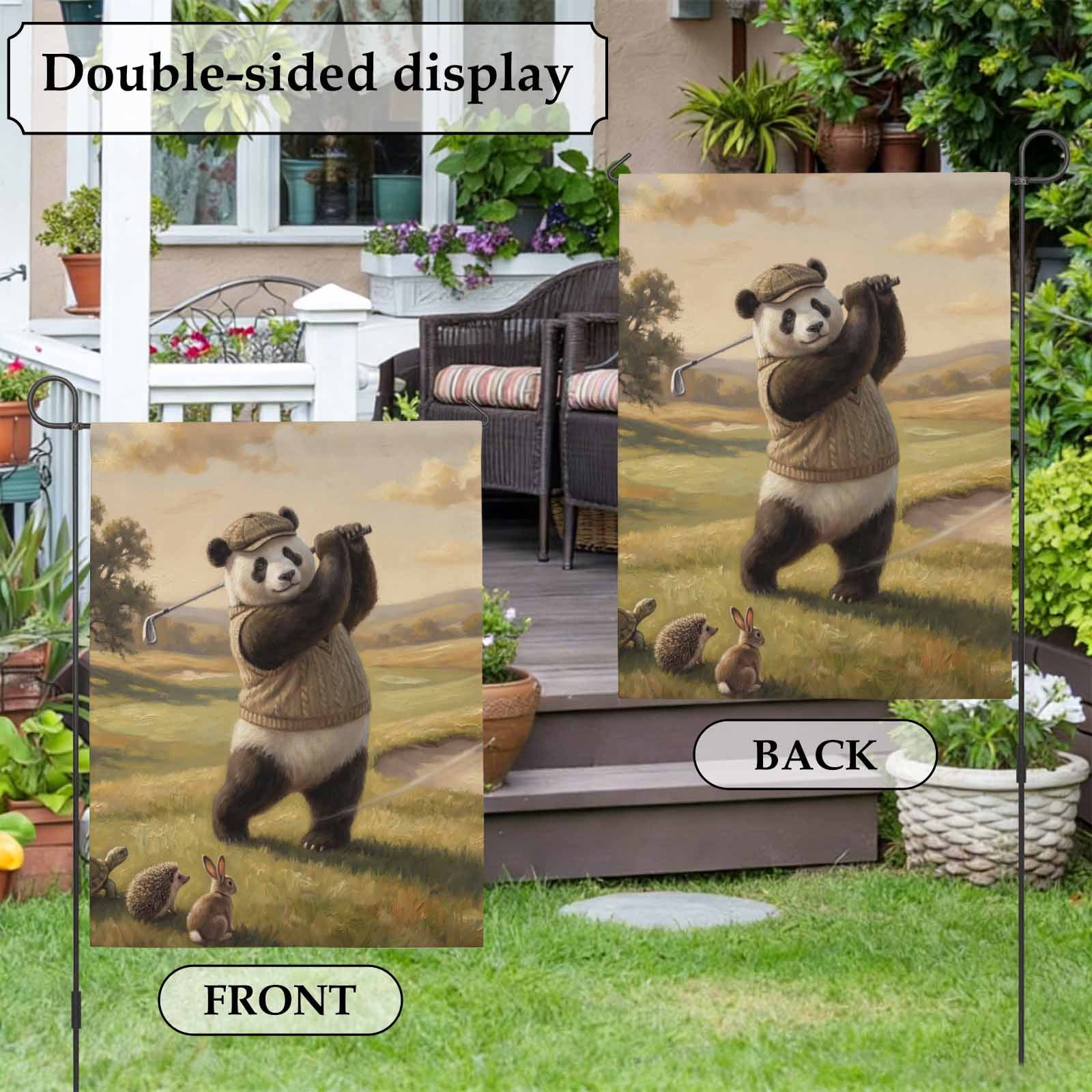 Cute Panda House Flag 28 x 40 Inches, Watercolor Pastoral Scenery Funny Hedgehog Rabbit Golf Weather Proof Outdoor Patio Flags Double Sided Small House Decoration for Yard Lawn Outside Home