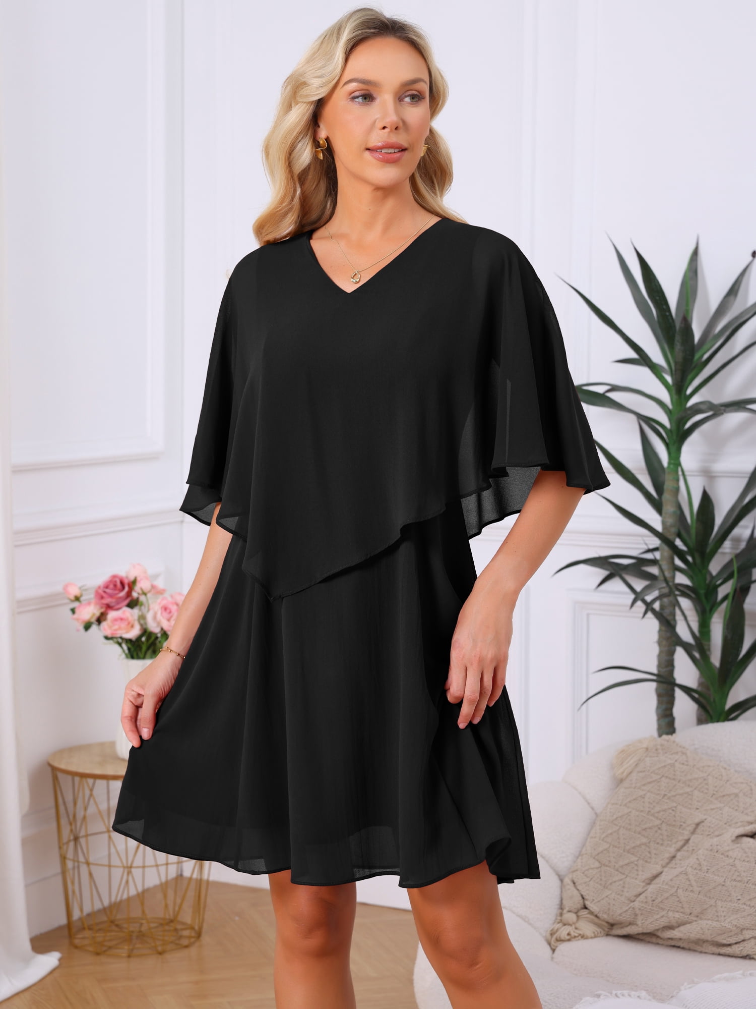 DARING DIVA Women's Chiffon Half Sleeve V Neck Wedding Guest Dress XL Black