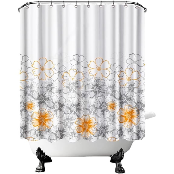 Orange Flower Shower Curtain Grey and Orange Floral Bathroom Decor with Hooks 72"×72"
